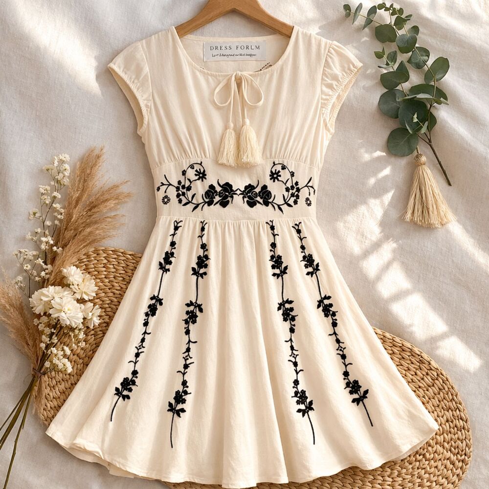 Dress Forum LA Boho Embroidered Tassel Midi Dress Cream Black Size M